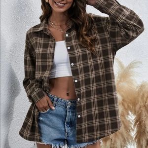 Brown Tan Plaid Flannel Button up